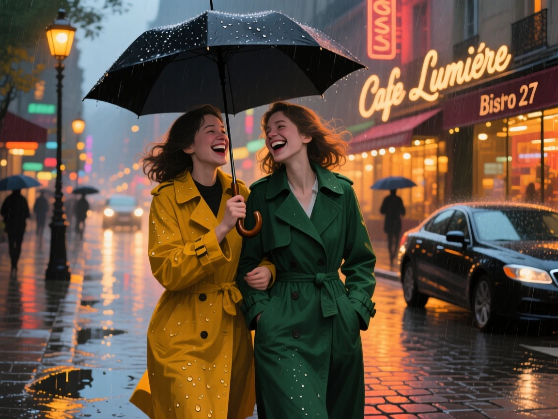 Two best friends share an umbrella while walking through a rainy city street, both laughing at something just out of frame, a sense of genuine, unguarded emotion captured in the small details of their expression.