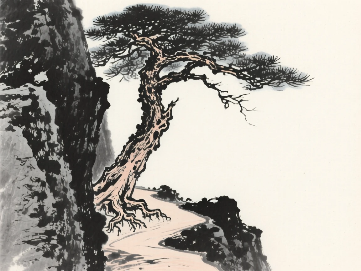 An ancient pine tree grows twisted from a cliffside crevice, with a narrow trail winding past its roots.