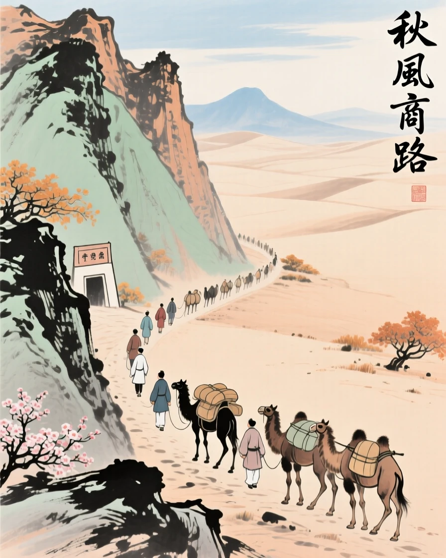 A caravan of traders winding along a mountain pass at the edge of the desert, in late autumn, in a warm breeze carrying the scent of blossoms.