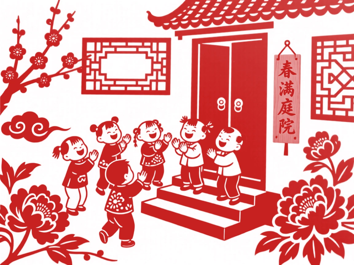 A group of laughing children, playing a hand-clapping game on the front steps, the scent of blossoms filling the spring air.