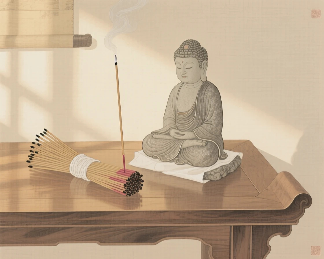 A bundle of incense sticks beside a small stone buddha on a low table in a sunlit room