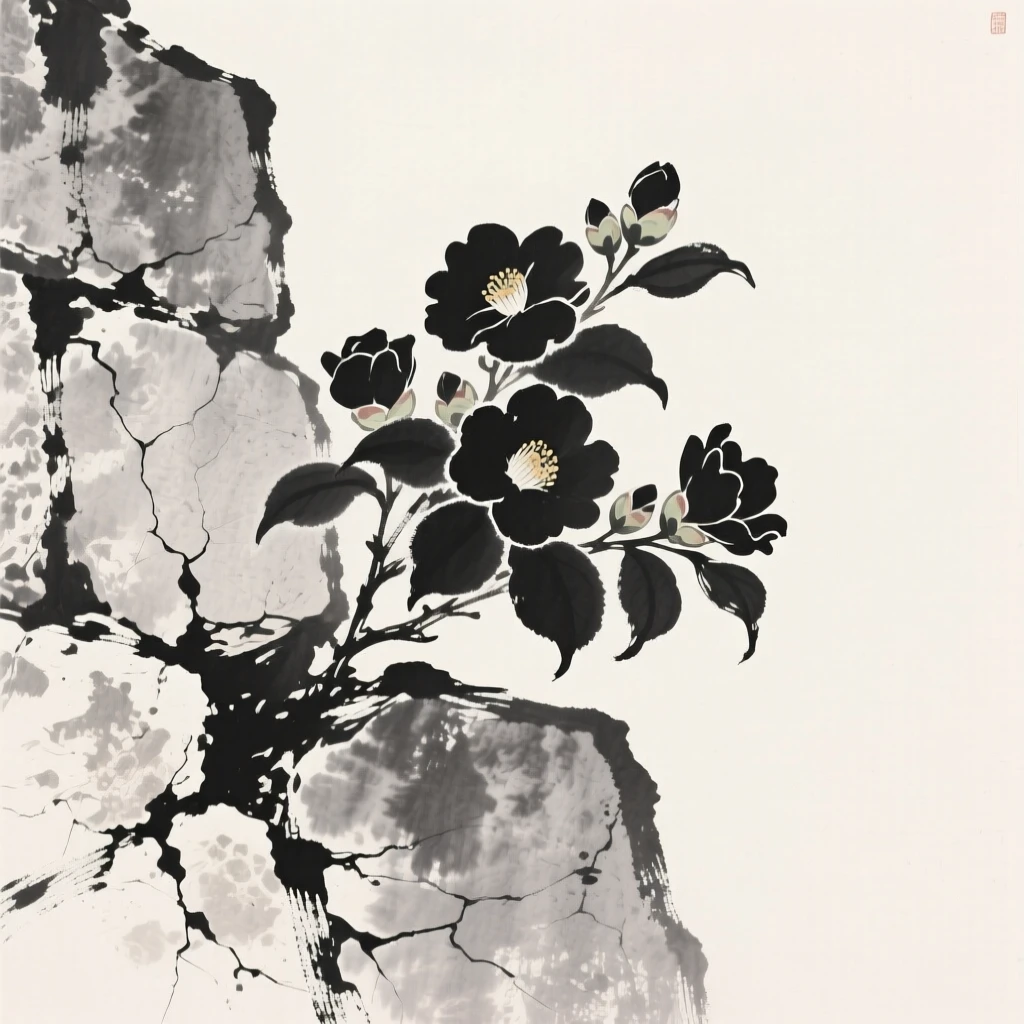 A cluster of camellias growing from a crack in an old stone wall, seen from a low angle looking upward, suggesting patience, resilience, and quiet strength.