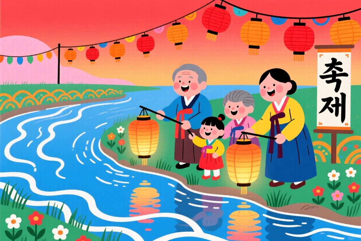 A family lighting lanterns together at a festival beside a quiet river.