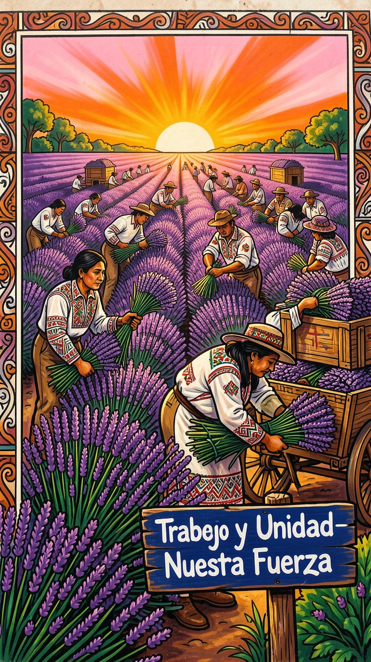 A field of lavender being harvested at sunrise