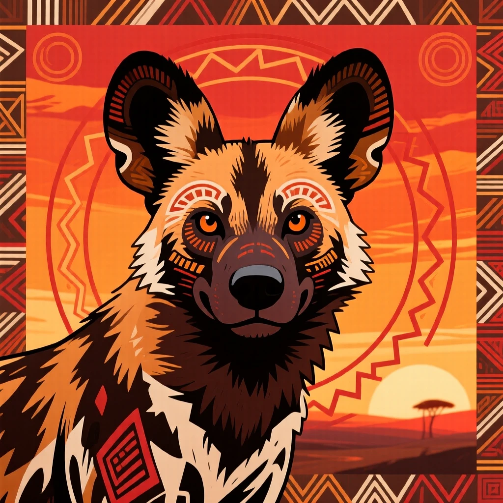 An African wild dog framed by a fiery sunset sky.