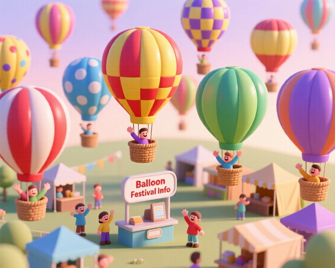 A colorful hot air balloon festival with dozens of balloons rising against a pastel morning sky, baskets loaded with excited passengers.