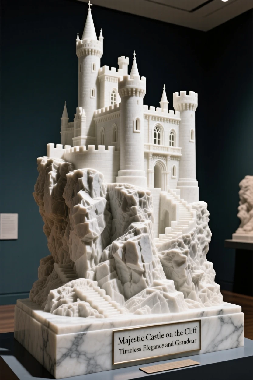A striking, atmospheric depiction of a majestic castle perched on a cliff, showcasing timeless elegance and grandeur