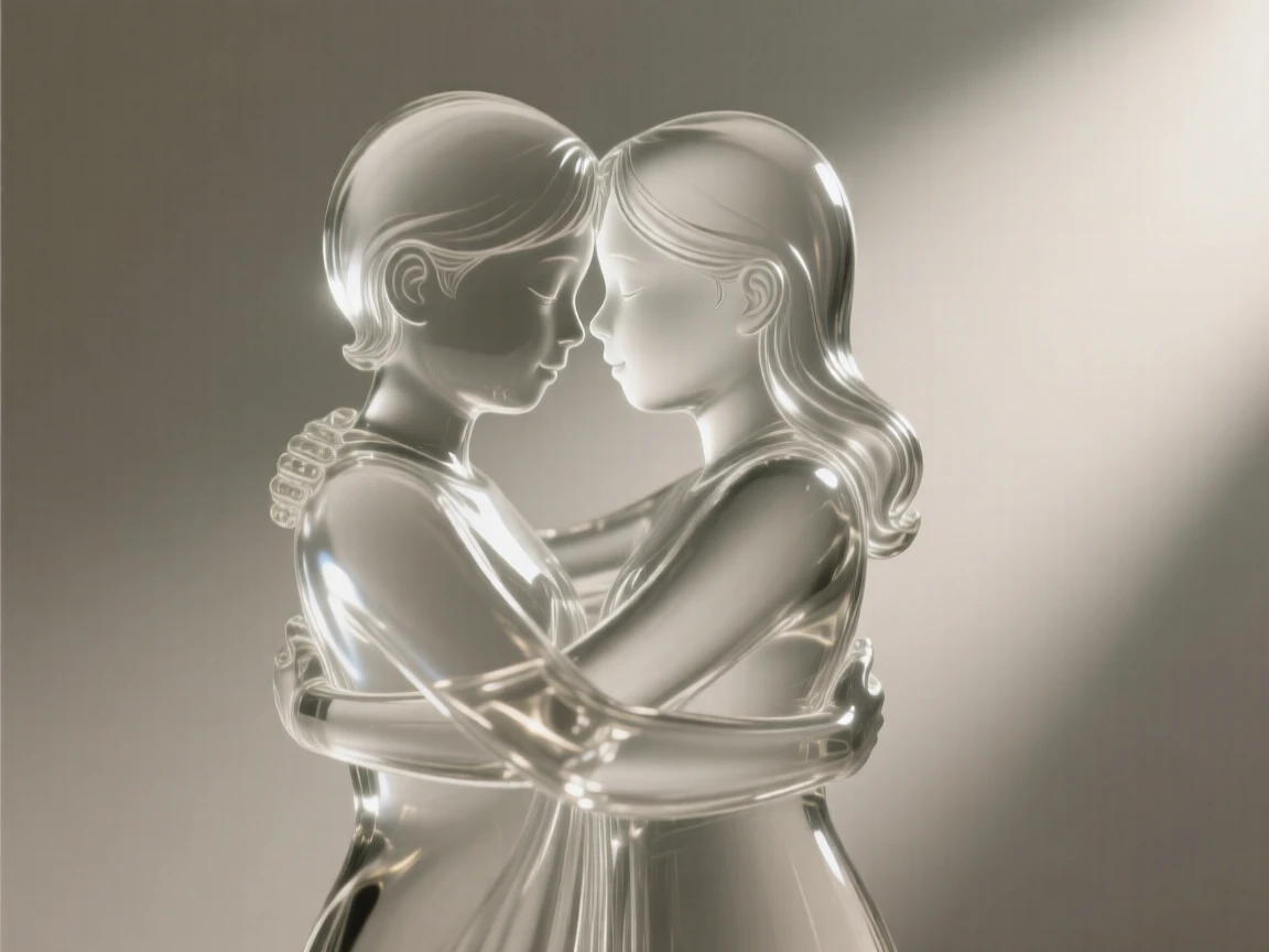 Twin siblings embracing warmly set against a simple blurred background, dramatic side lighting carving out the features, mood tender and heartfelt.
