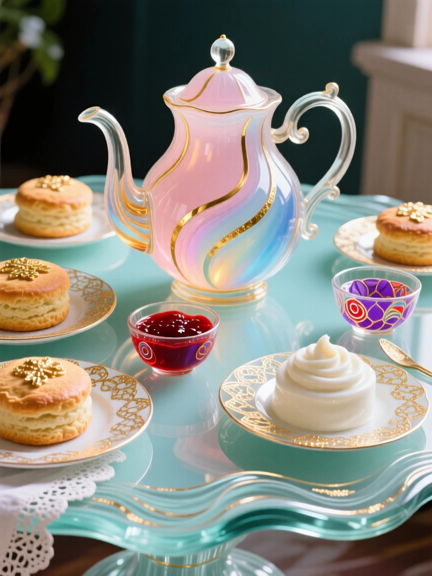 A delicate afternoon tea spread with scones, jam, and clotted cream, elegant and charming.