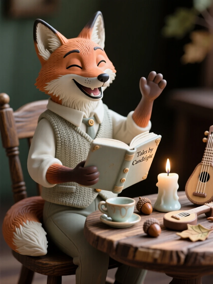 A fox in a waistcoat reading by candlelight captured mid-celebration with joyful energy, surrounded by tiny, carefully placed props, stirring nostalgic delight and warm laughter.