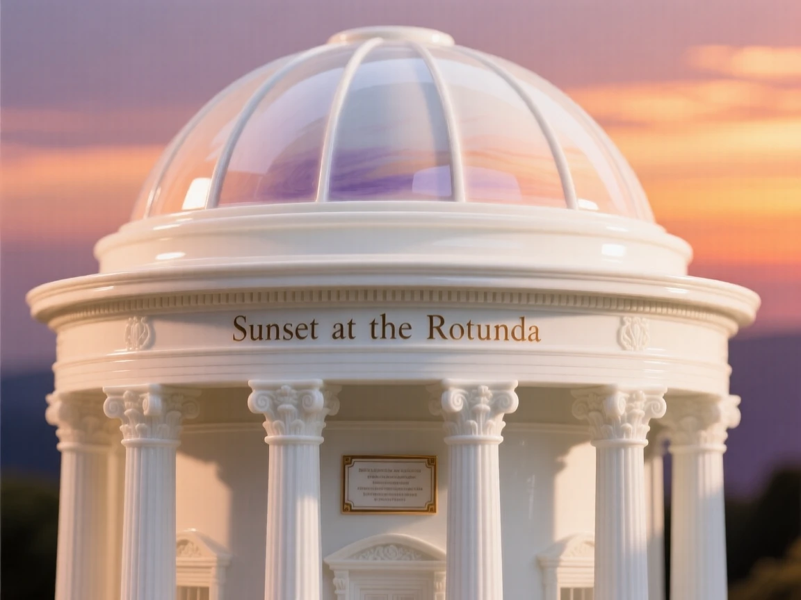 A grand view of a classical domed rotunda, glowing warmly at sunset.