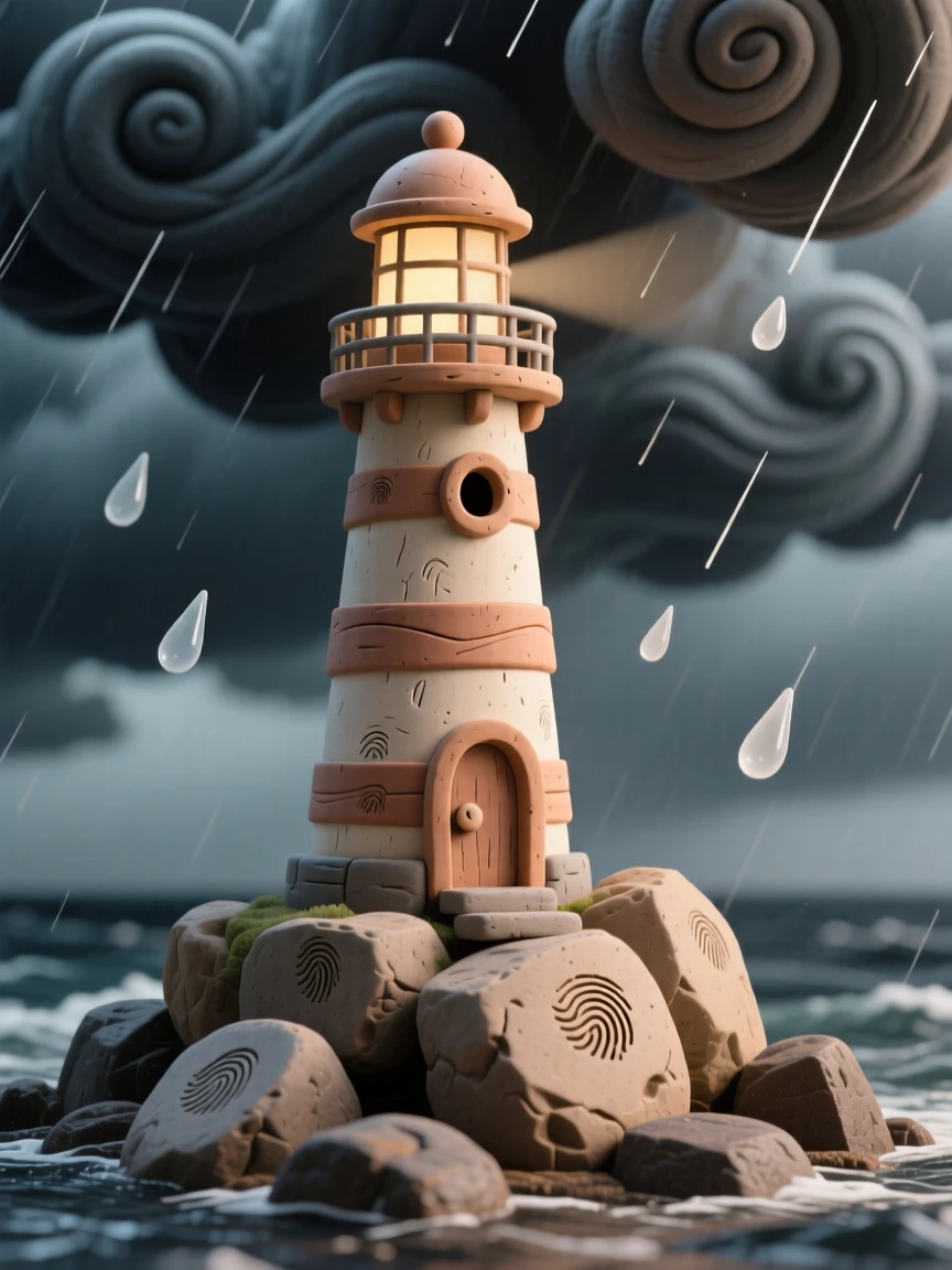A lighthouse standing alone on a rocky point during a storm