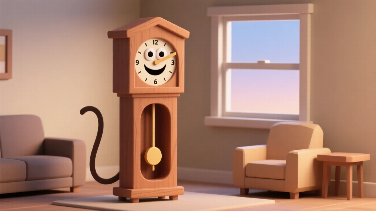 A charming grandfather clock with a pendulum tail and clock-face grin stands proudly in a cozy living room.