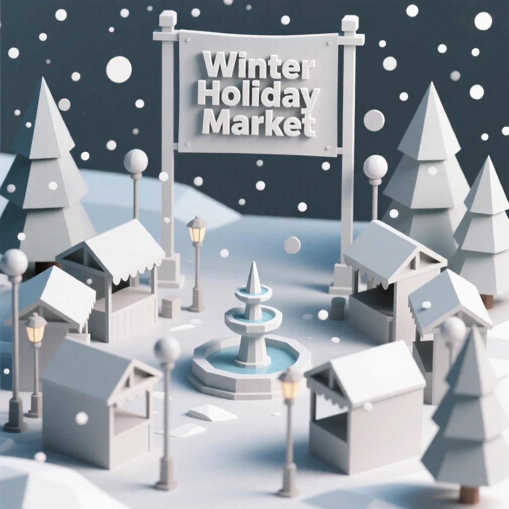 A festive market square decorated for winter holidays, as snow gently falls. rich seasonal colors bring the scene to life. The moment feels magical and full of wonder.