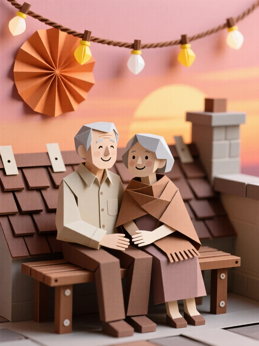 An elderly couple watching a sunset from a rooftop, with string lights twinkling overhead, capturing pure joy and togetherness.