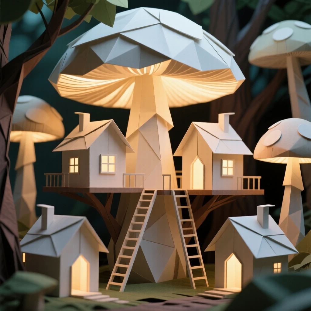 A treehouse village built entirely within a canopy of giant glowing mushrooms.