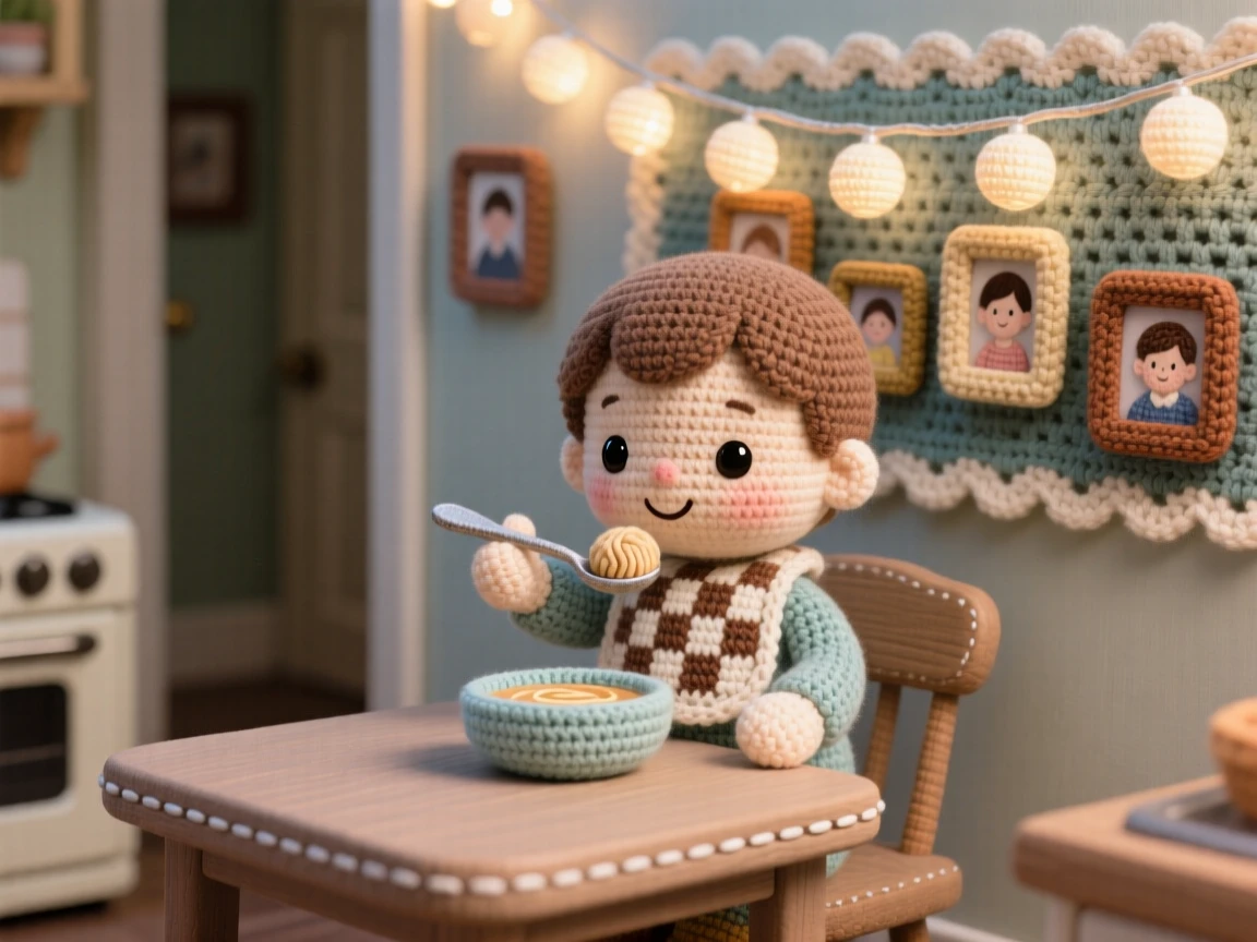 a small child eating soup at a kitchen table, with a checkered napkin tucked in, is shown blowing gently on a spoonful of soup within a quiet hallway lined with family photos beside a string of soft fairy lights along the wall, capturing quiet satisfaction in a small task well done.