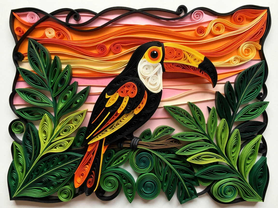 A striking wildlife scene of a toucan perched among vibrant rainforest leaves against a dramatic glowing sunset sky, under a blazing orange and pink sunset sky, framed in a dramatic silhouette against the sky.