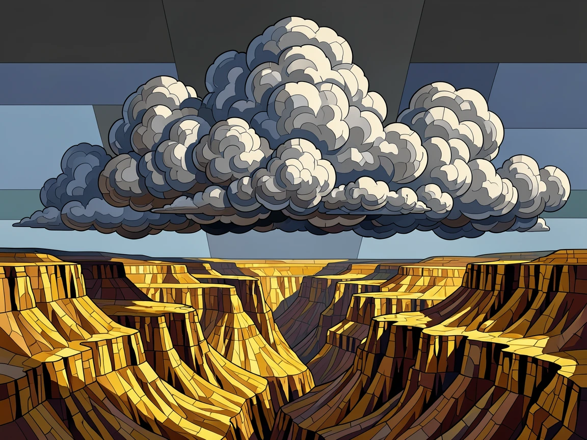 A dramatic view of towering thunderclouds over a golden canyon.