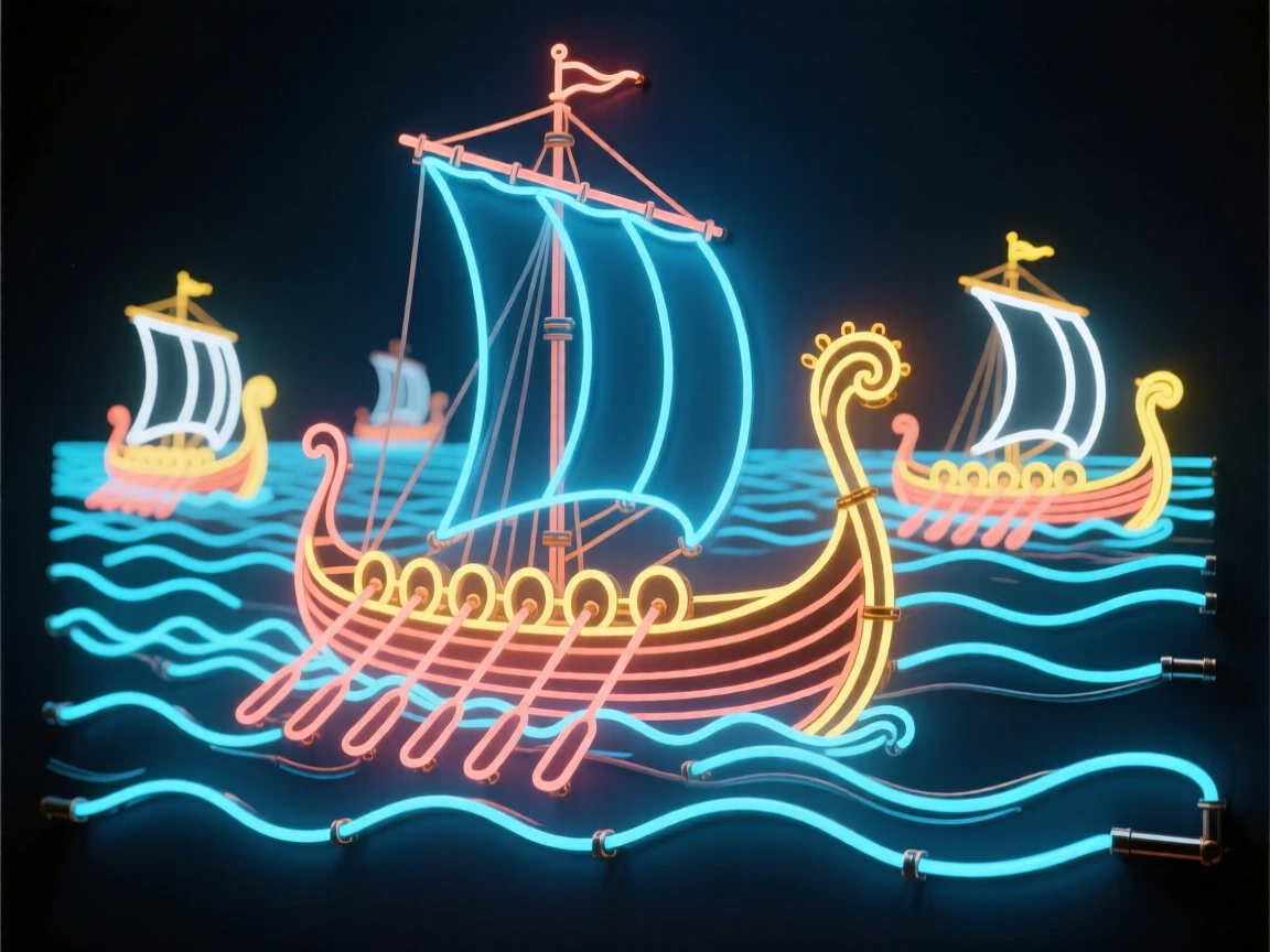 A wide historical scene depicting a fleet of ancient Greek triremes racing across open water.