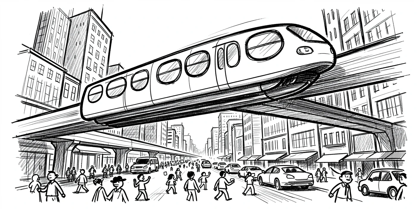 A monorail gliding above a city navigating a bustling city street.