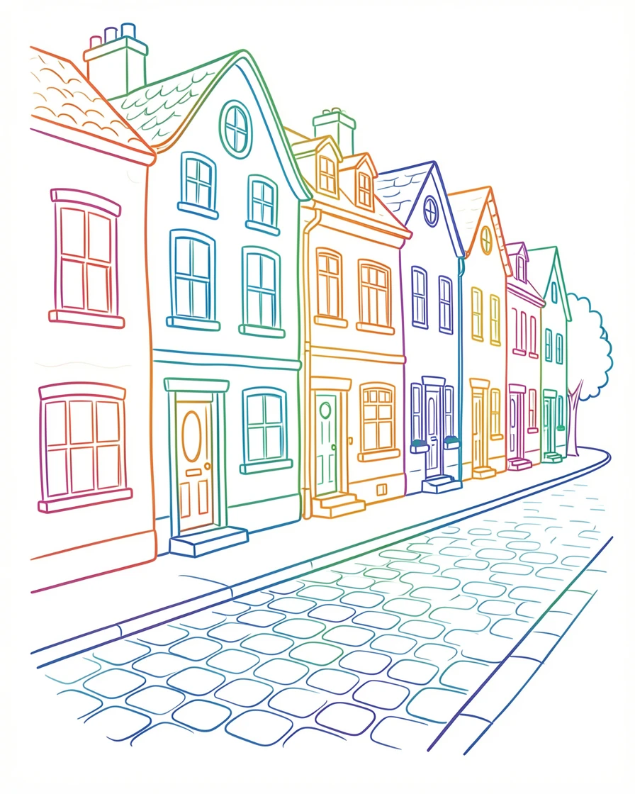 A row of colorful rowhouses lining a cobblestone street in an old town.