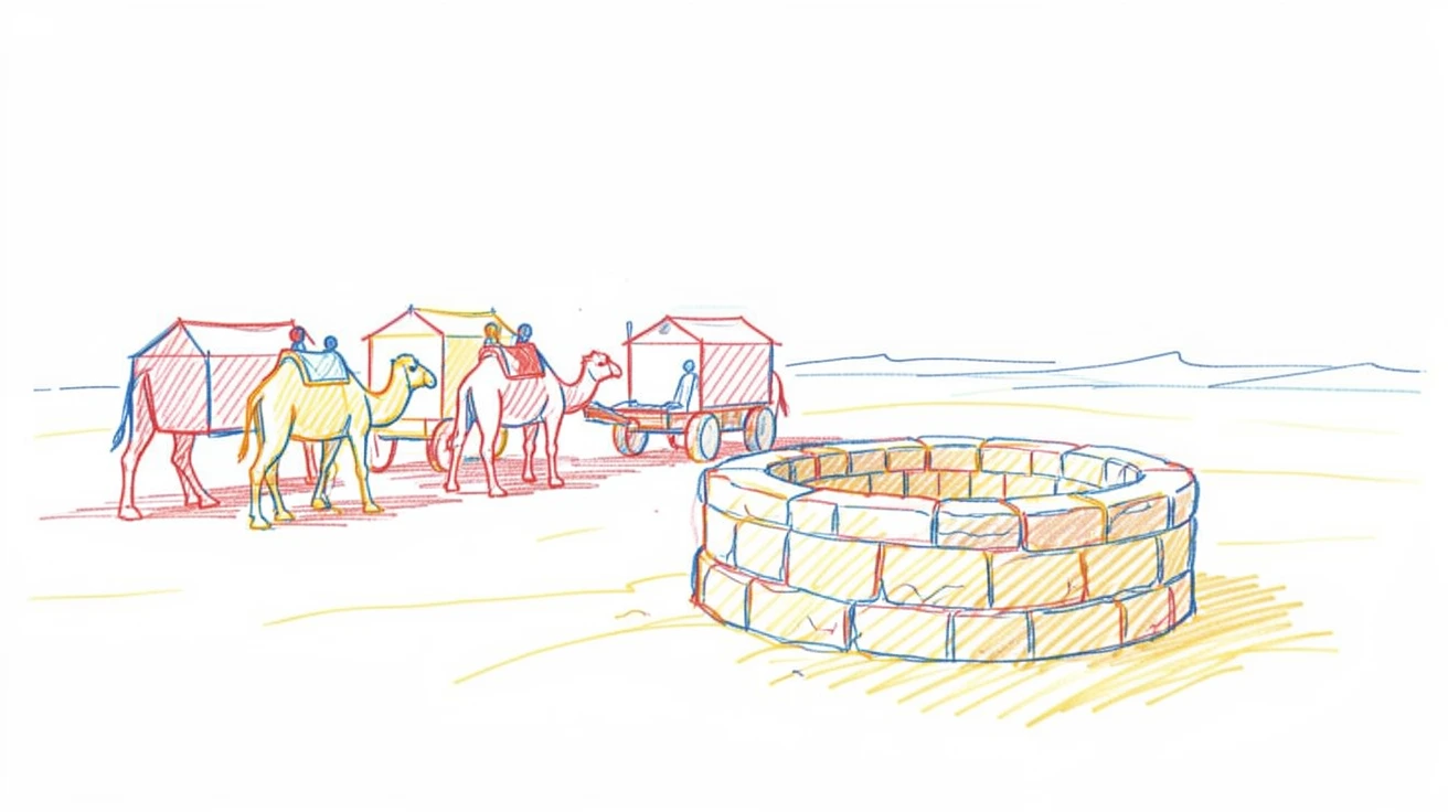 A grand desert caravan resting beside an ancient stone well