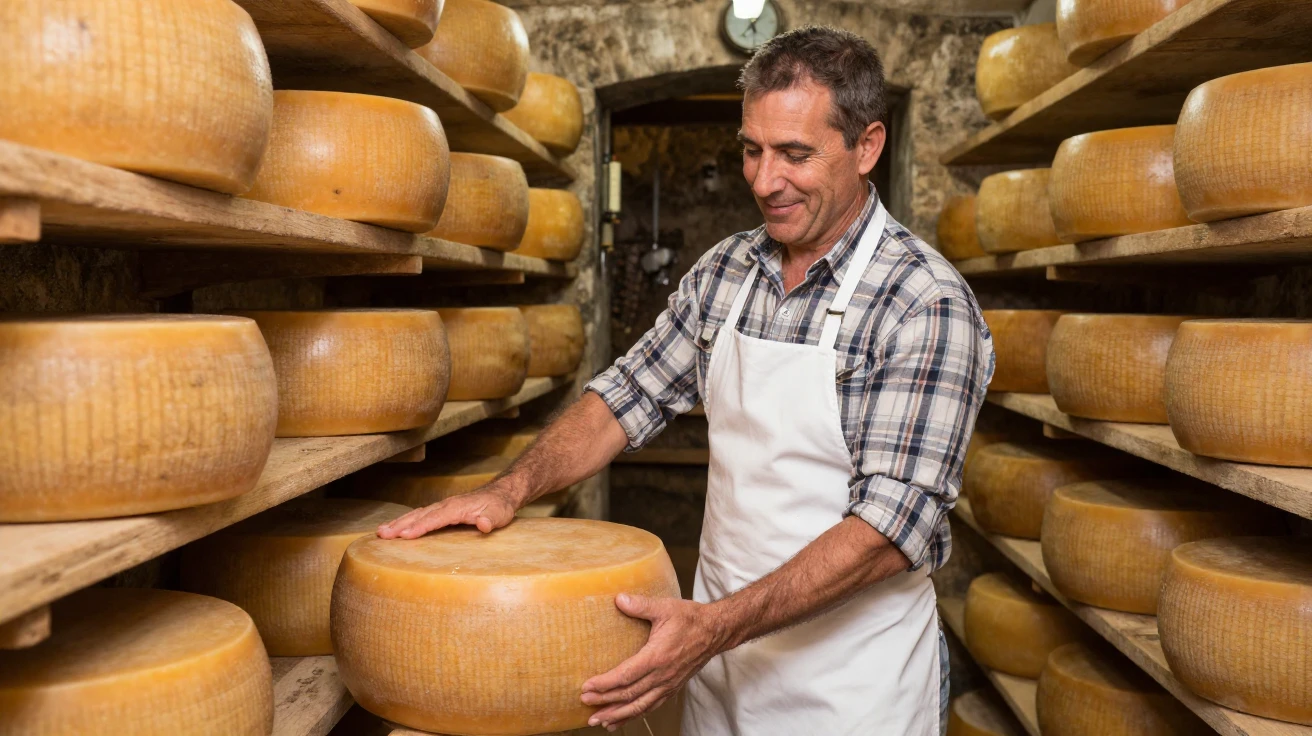 A cheese maker turning wheels of aging cheese in a cellar