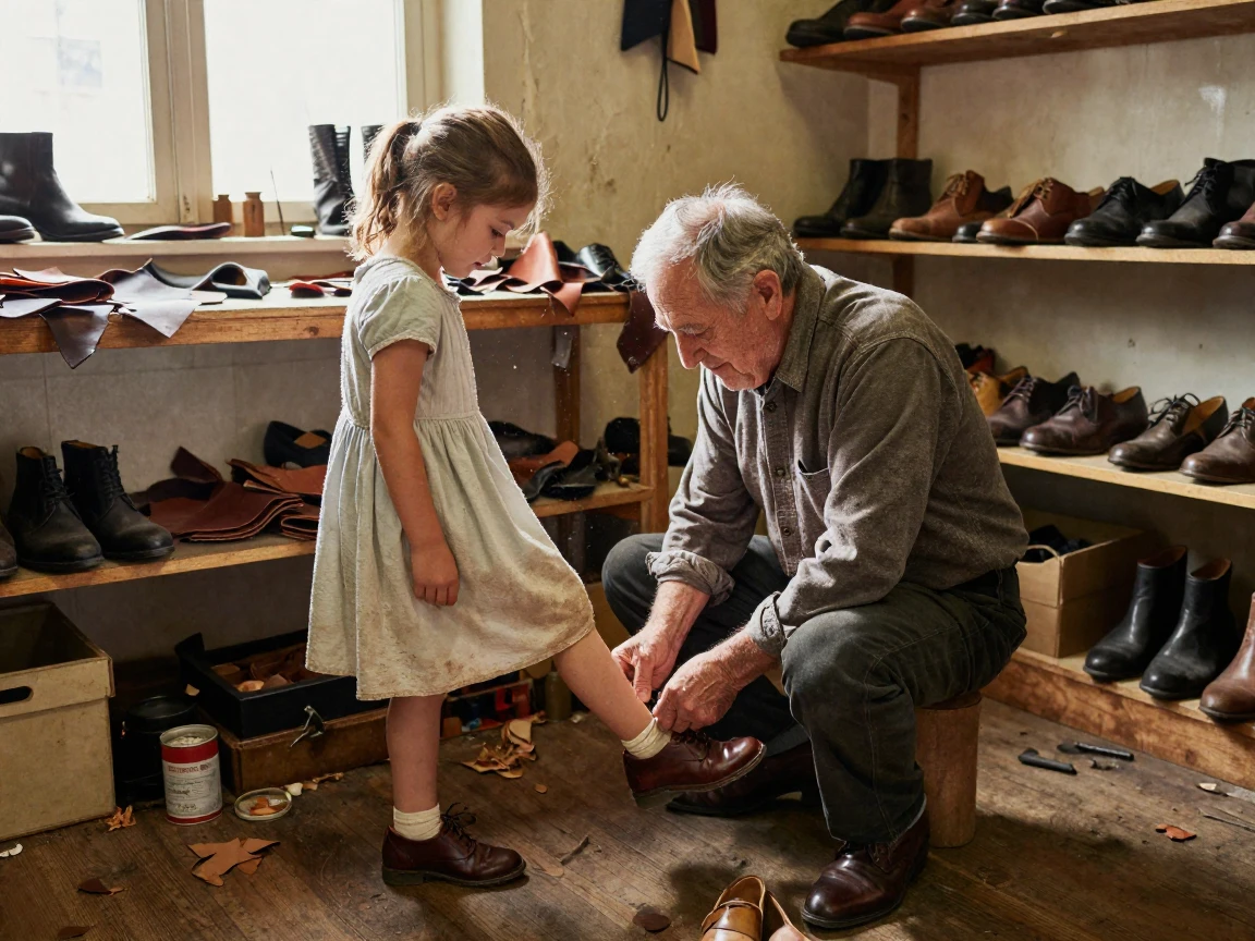 An old shoemaker fits a child for her very first pair of proper shoes.