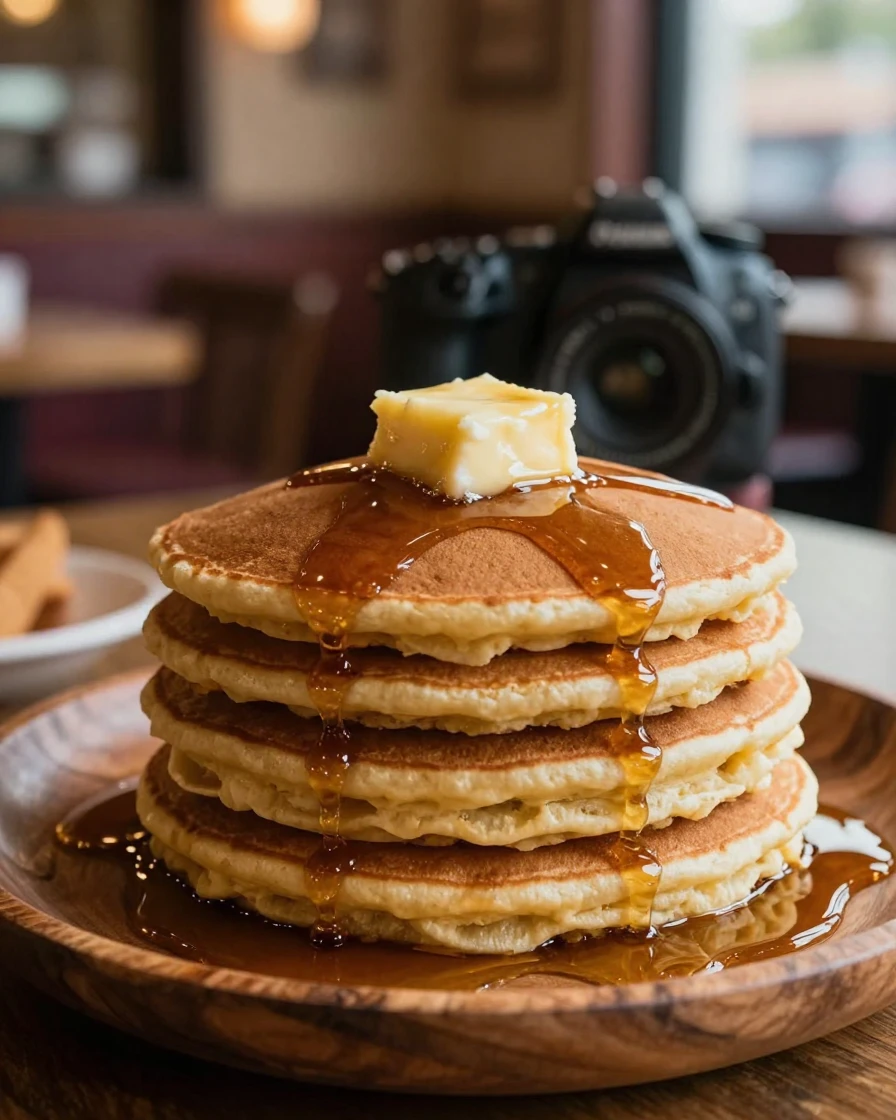 A stack of golden pancakes drizzled with maple syrup and melting butter