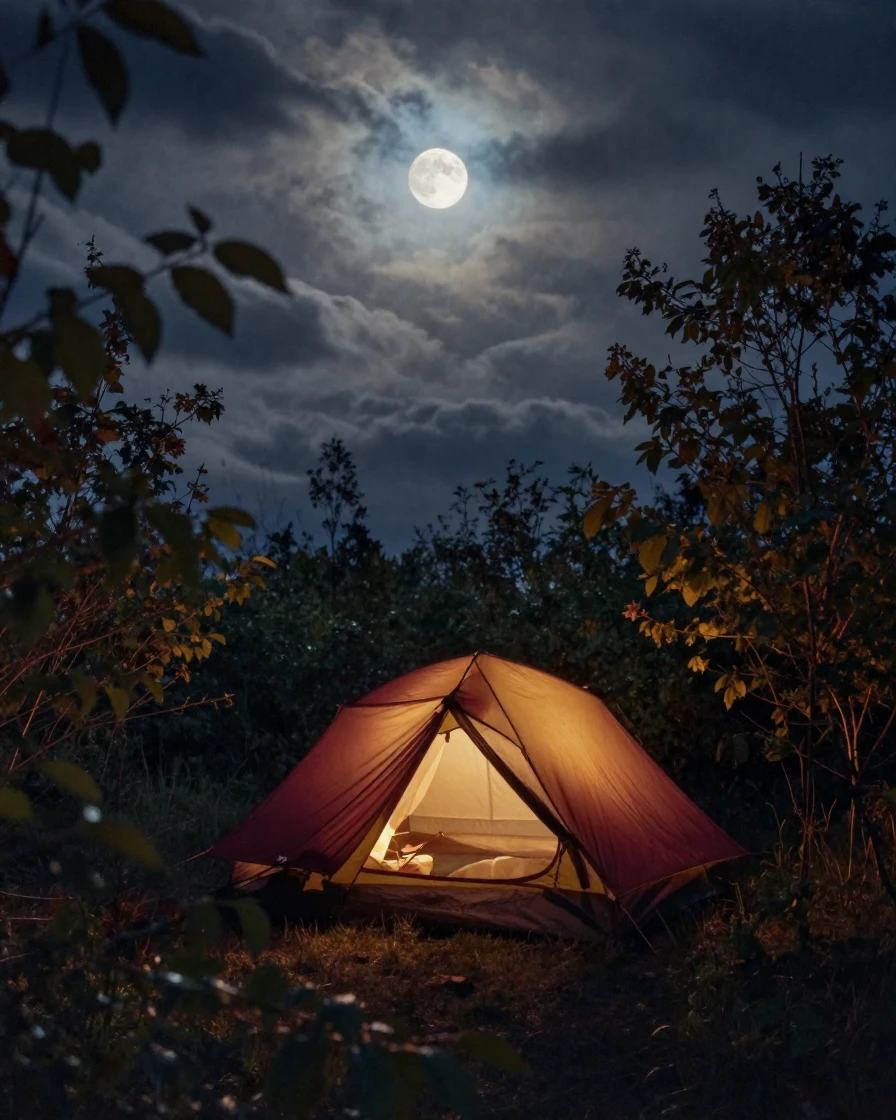 A starlit campsite glowing from within a canvas tent, under a full moon, under a darkening storm sky, in the depths of winter, with rich burgundy and gold accents, peering through foliage in the foreground.