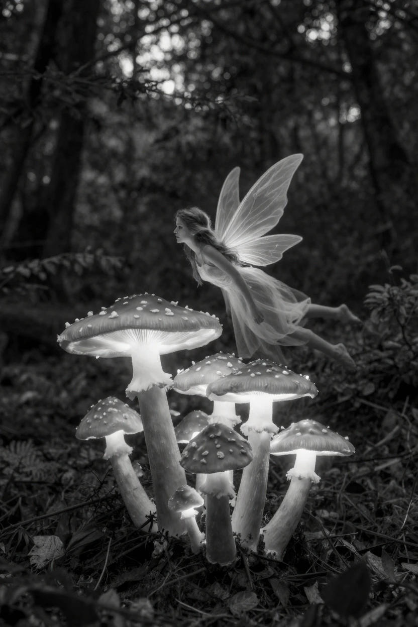 A fairy flutters between glowing toadstools in a glowing mushroom grove.