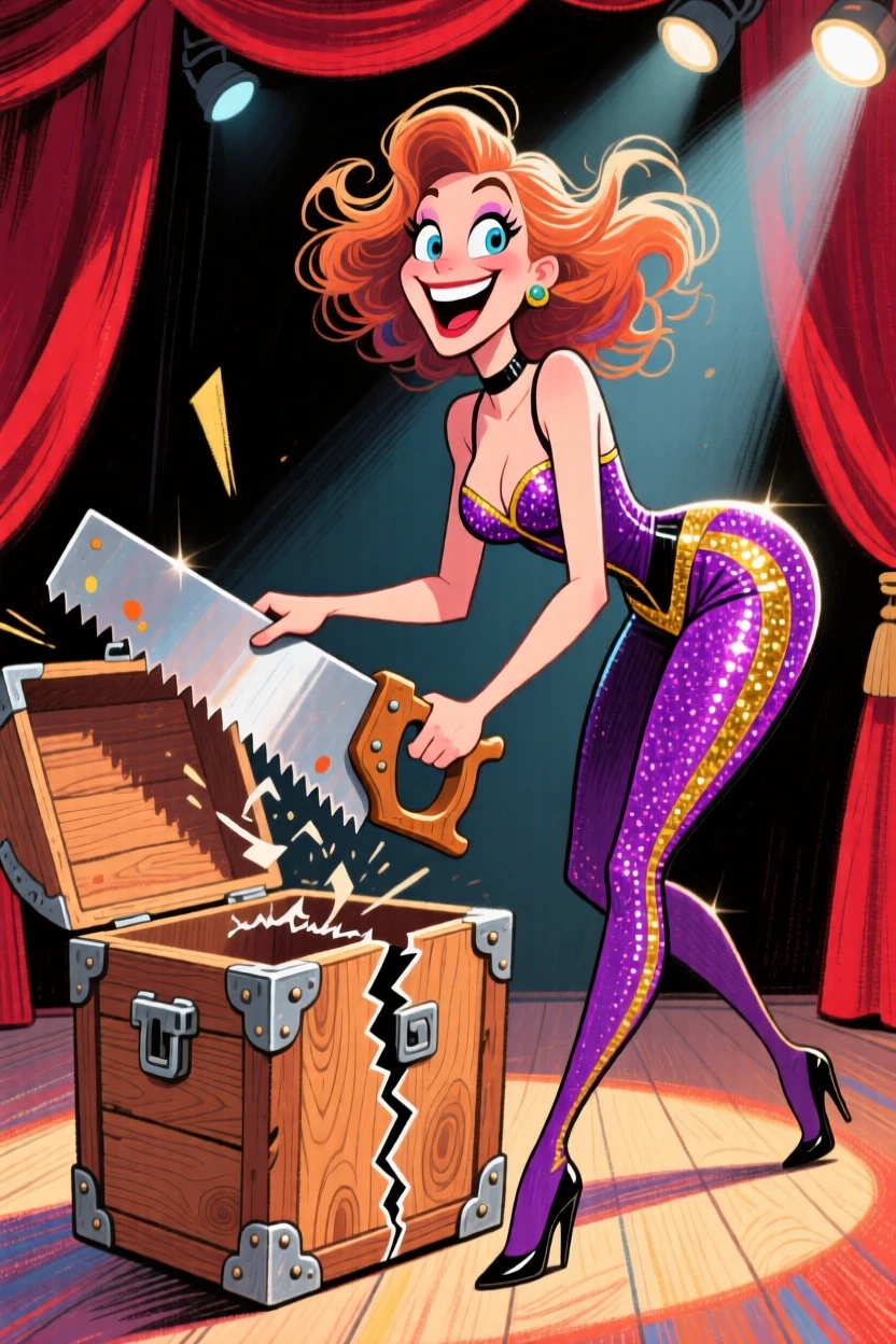 A magician's assistant mid-trick, sawing a box in half with a dramatic flourish.