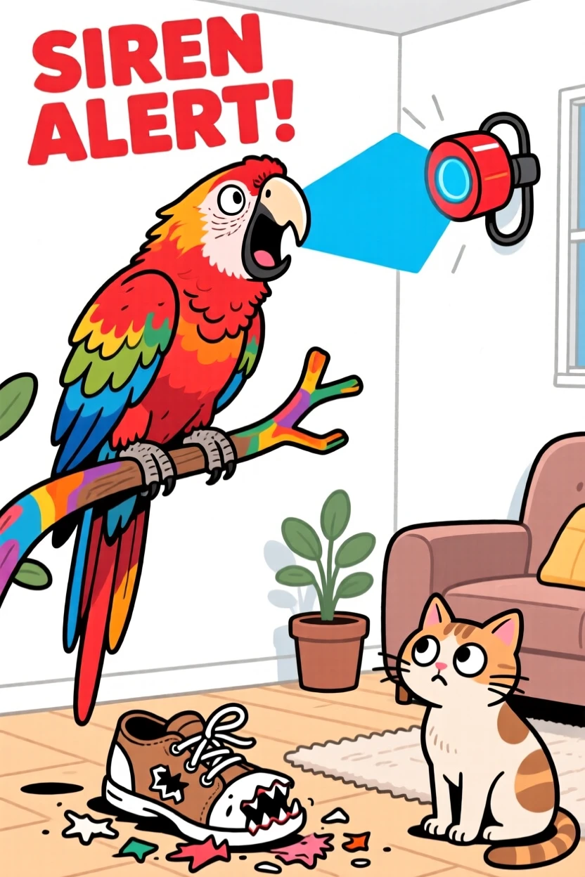 A playful pet moment featuring a majestic parrot howling dramatically at a passing siren, with a guilty look and a chewed-up shoe nearby.