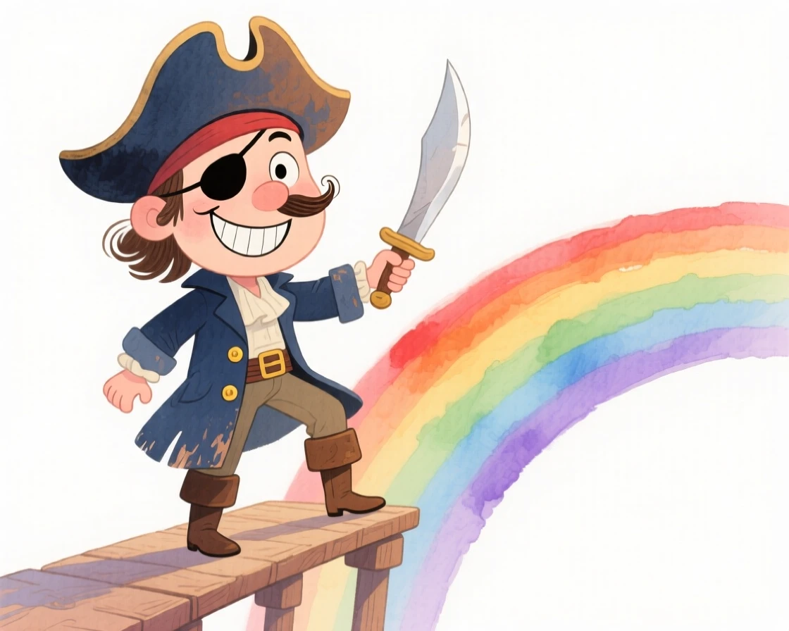 A pirate captain standing at the edge of a rainbow bridge