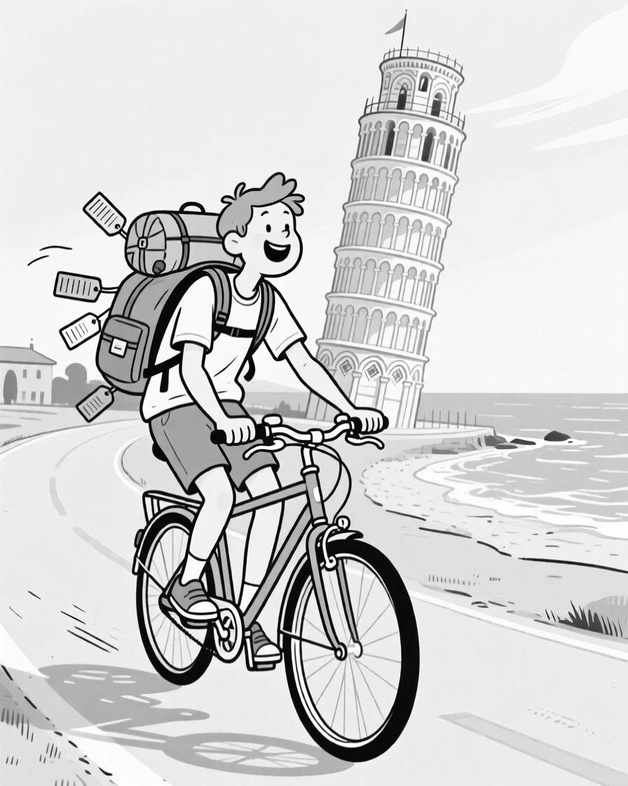 A cyclist pedaling along a scenic coastal road, drumming on the steering wheel to the beat, set beside a famously leaning historic tower. Luggage tags flutter from an overstuffed backpack. The image feels like a postcard brought playfully to life.
