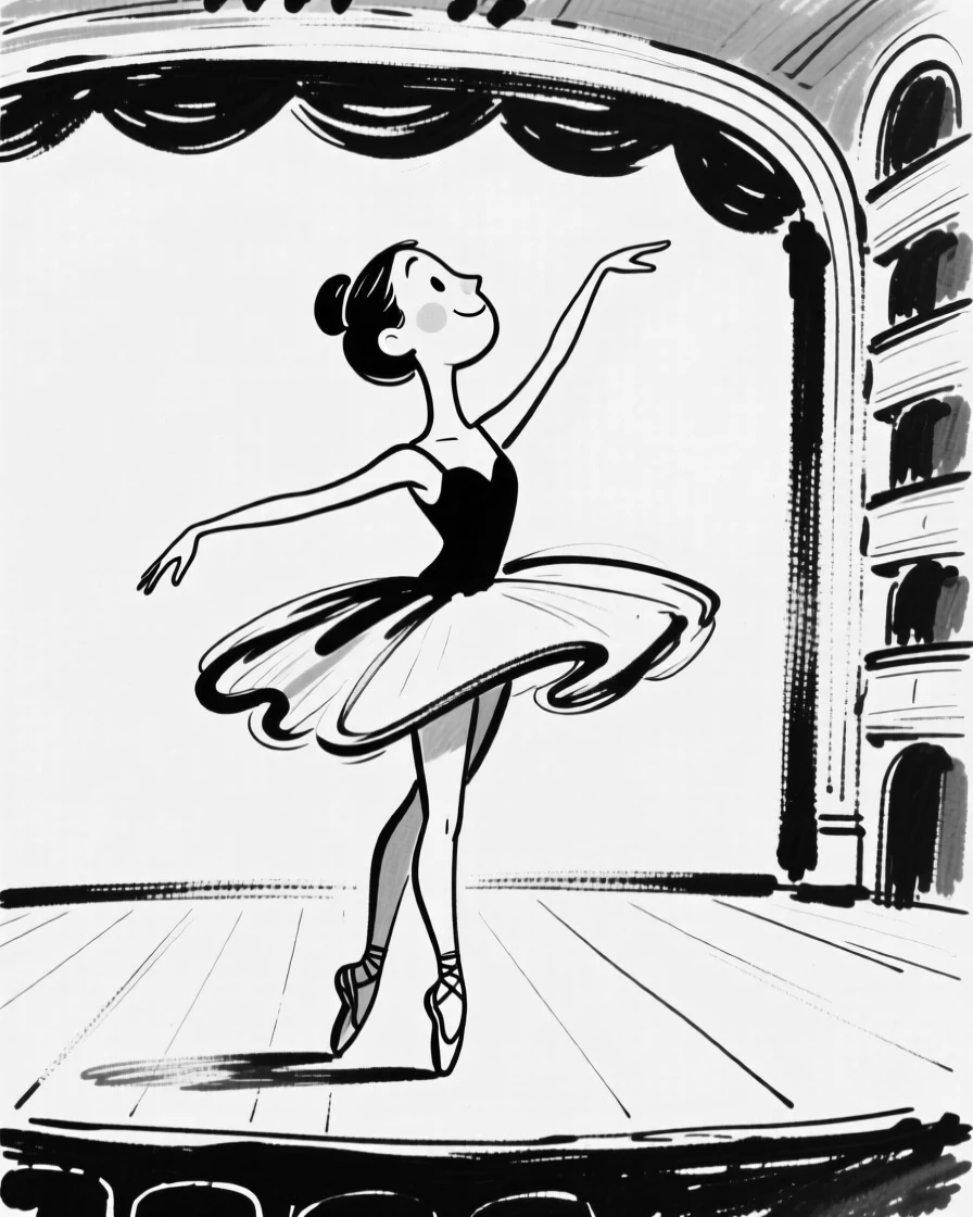 A ballet dancer performing an elegant solo on a grand theater stage.