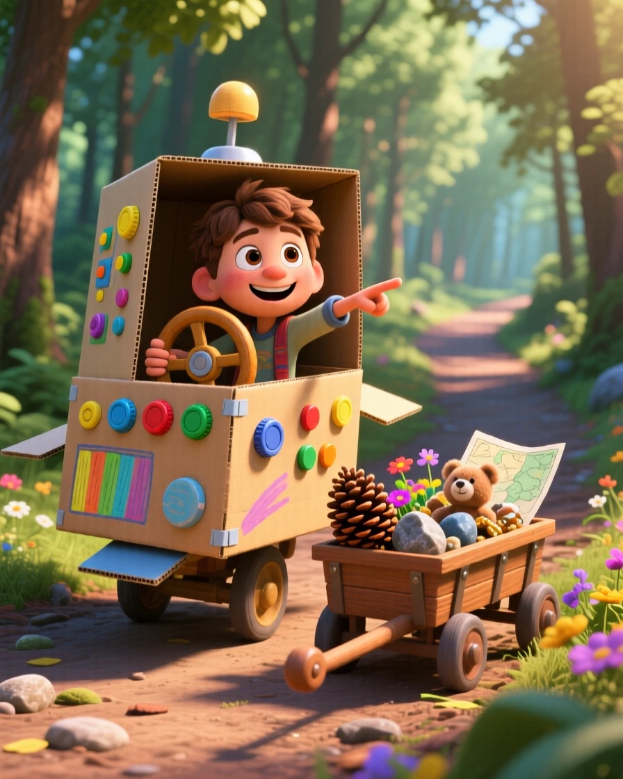 A boy piloting a cardboard-box spaceship takes place along a quiet forest trail dappled with light, with a wagon full of collected treasures nearby. A carefree, adventurous energy fills the scene.