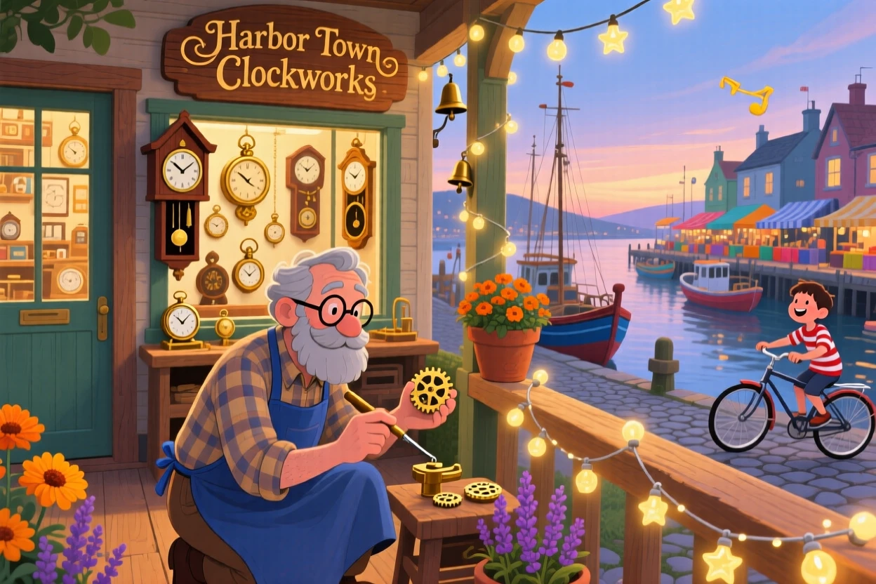 In a bustling harbor town, a clockmaker fixing a tiny gear is busy hanging fairy lights along a porch railing, as bicycle bells chime somewhere nearby.