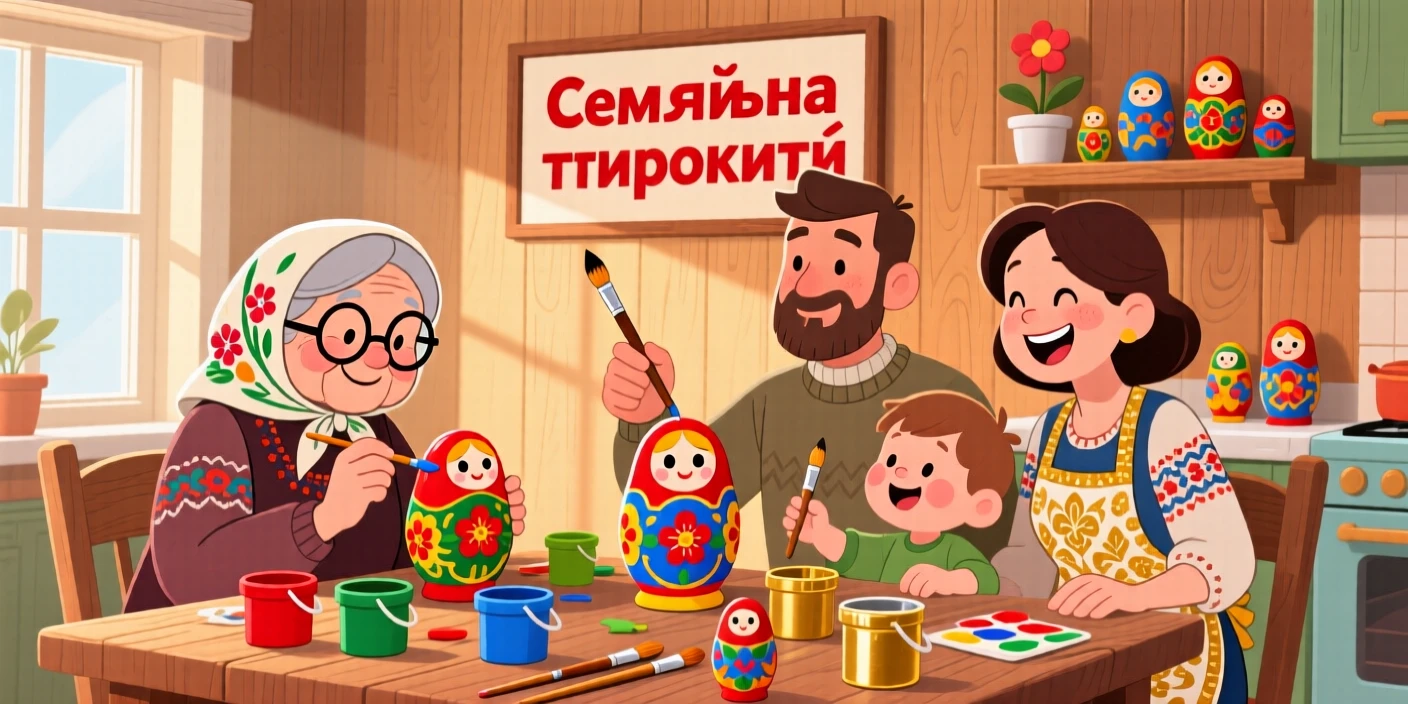 A family in Russia decorating nesting dolls at a wooden kitchen table.