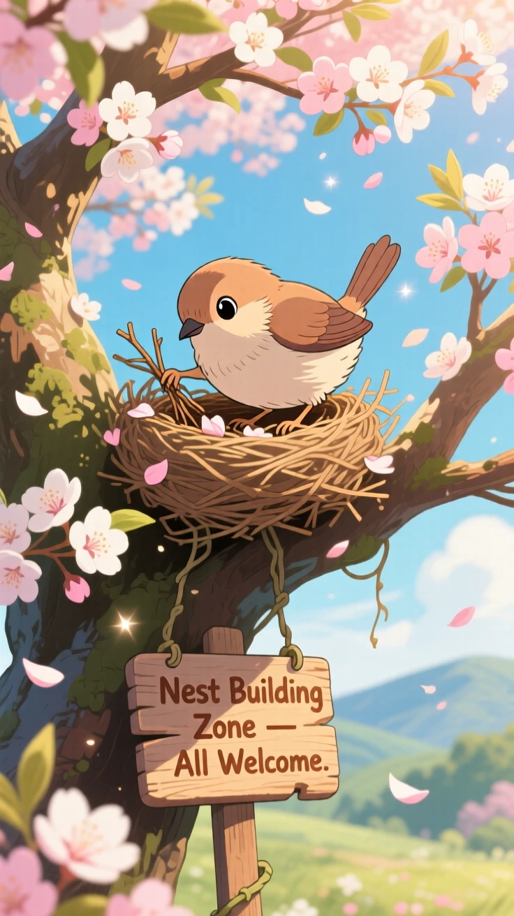 A bird building a nest in a blossoming tree, with soft afternoon light warming its fur, radiating pure charm.