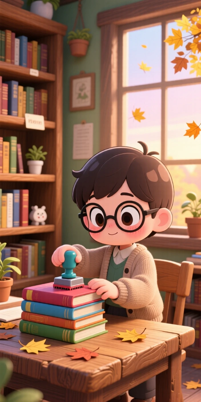 A small librarian stamping books at a wooden desk, framed as an extreme close-up within a cozy library corner, during golden autumn harvest season, glowing under soft pastel light of dawn, evoking wide-eyed wonder.