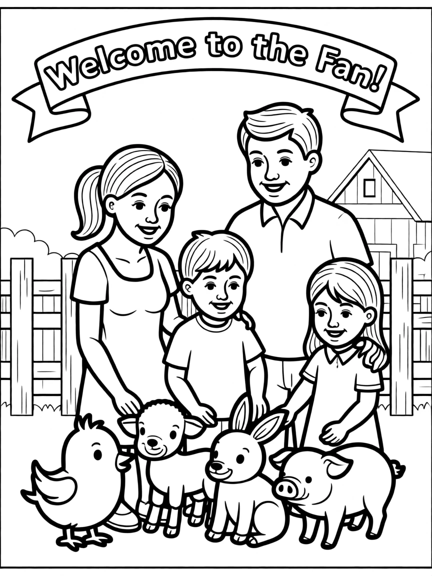 A family visiting a farm and petting baby animals