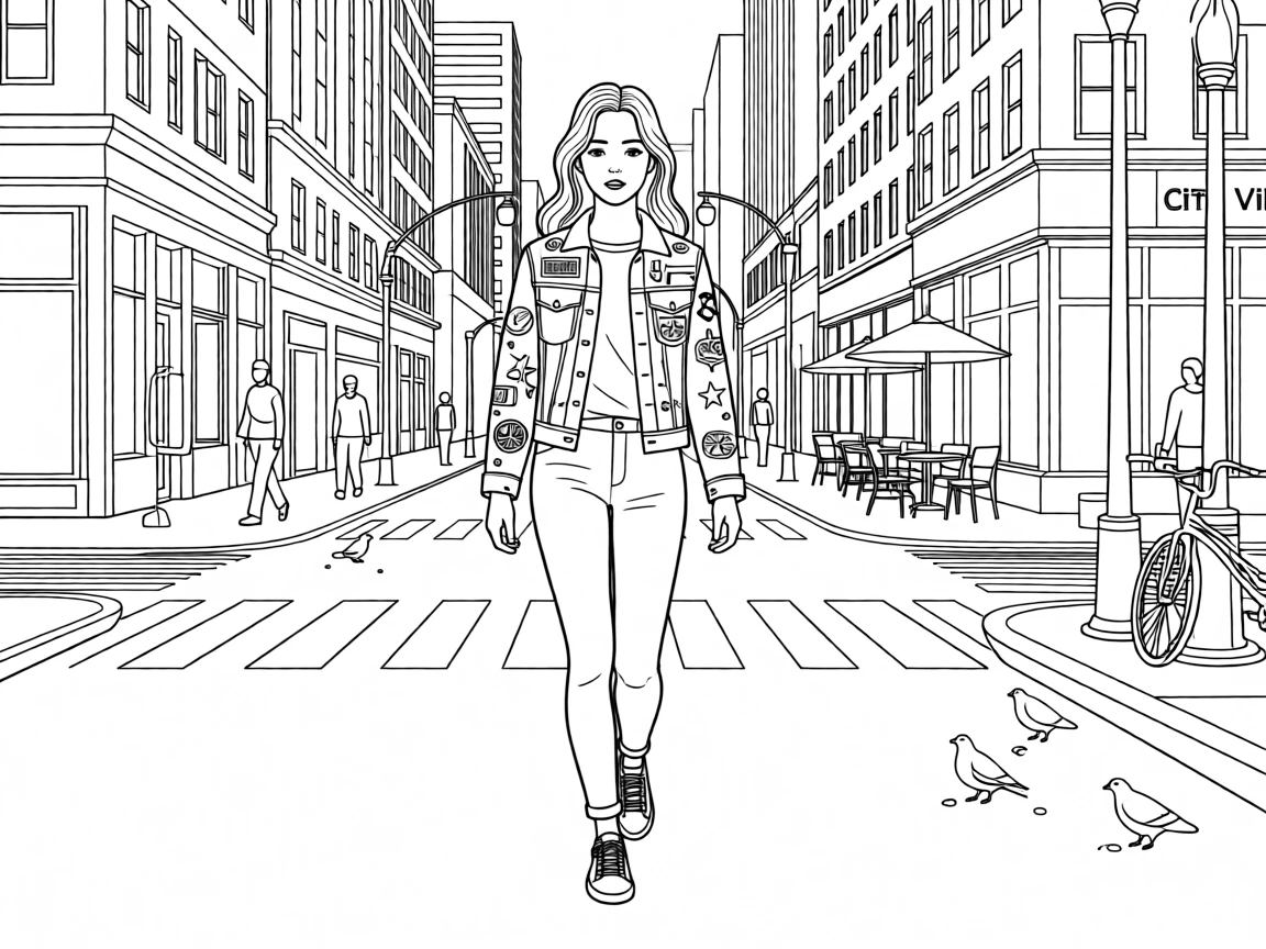A denim jacket covered in embroidered patches and pins, worn while walking down a busy city street.