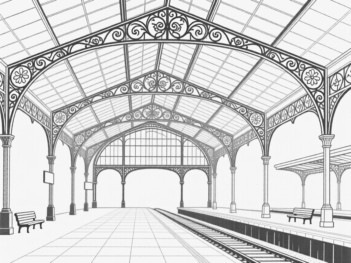 A train station with an ornate glass and iron roof