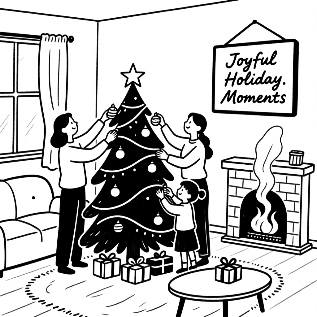 A family decorating a Christmas tree together in a cozy living room.