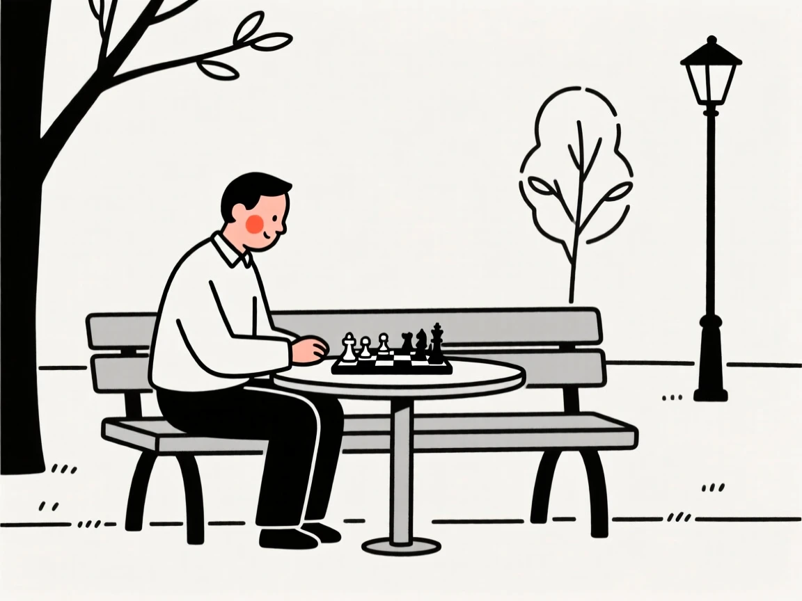 A father playing chess in a quiet park.