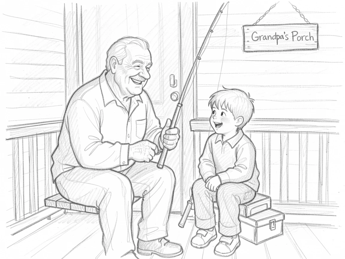 A grandfather teaching his grandson to fish, on a quiet front porch, filled with warmth and laughter.