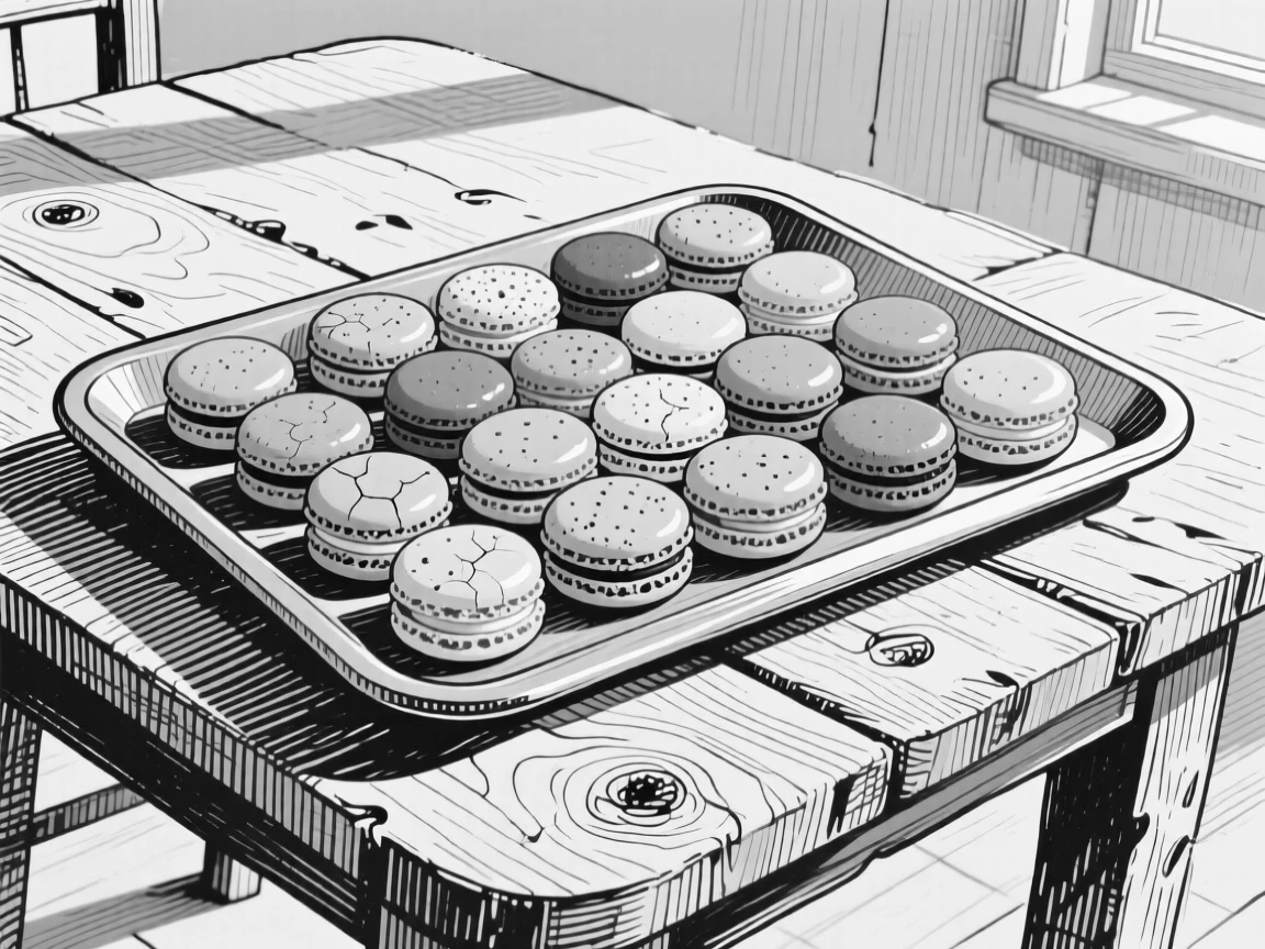 A tray of colorful macarons set on a farmhouse table, with sunlight catching the glossy surface, presented in a cheerful and abundant culinary still life.
