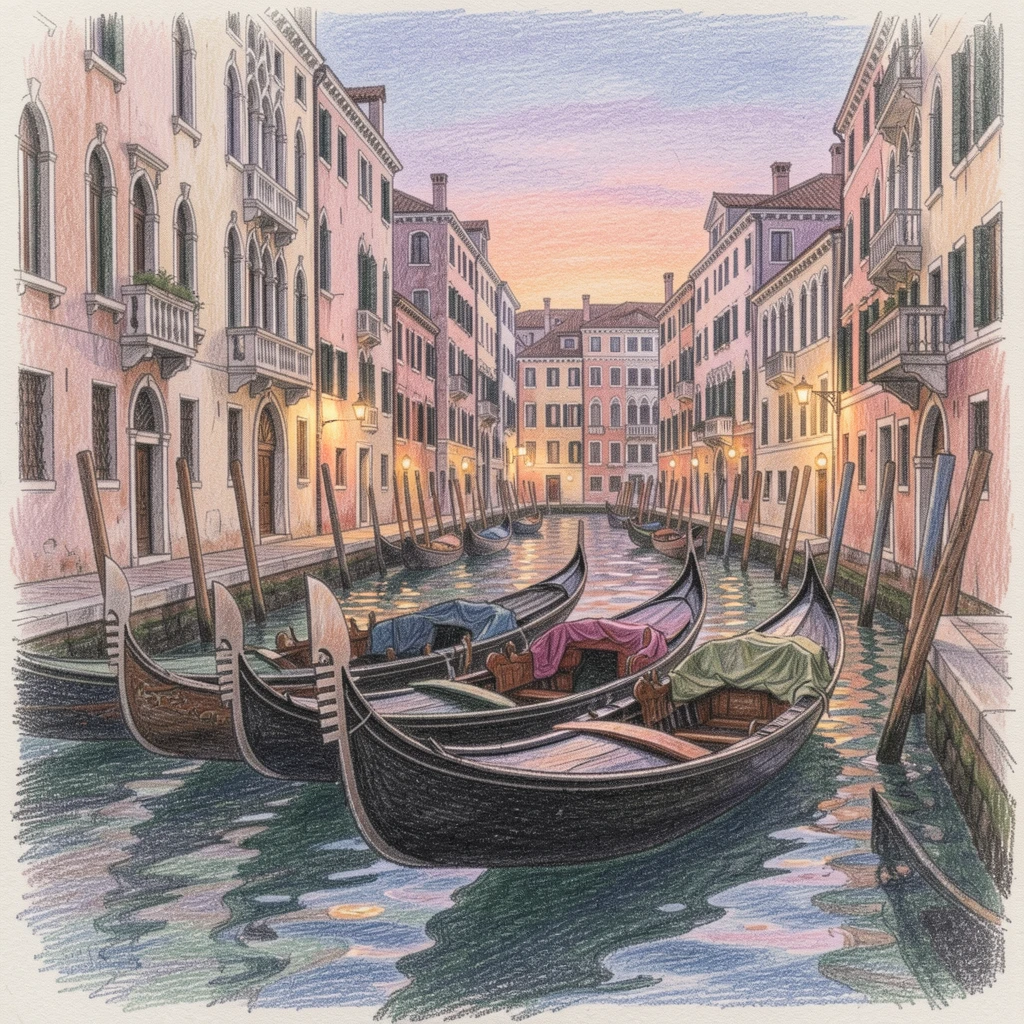 A row of gondolas moored along a quiet Venetian canal at dusk, set against a softly lit, atmospheric backdrop, perfect for anyone drawn to gentle, heartfelt imagery.